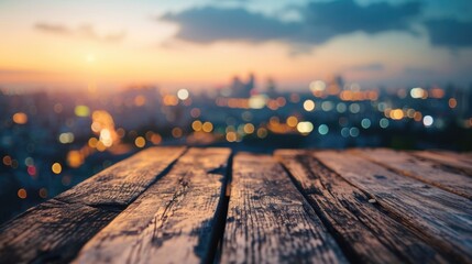 Wall Mural - Rustic Wood Tabletop on Blurred City Background: Perfect for Product Displays and Montages