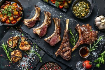 Wall Mural - Restaurant Food Set with Grilled Beef Cheeks, Lamb Legs and Tongues Top View, Various Meat Dishes