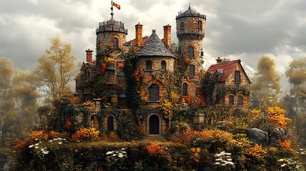 A stone castle with ivy growing up the walls sits on a hill overlooking a misty forest.