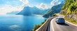 © Bambalino Studio - A blue car is driving down a road next to a body of water. The scene is serene and peaceful, with the car and the water creating a sense of calmness