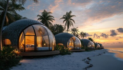 A row of beach houses with a sunset in the background. The houses are made of glass and wood, and they are all facing the ocean. Scene is peaceful and relaxing