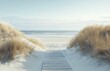© Bambalino Studio - A beach with a wooden boardwalk leading to the water. The boardwalk is covered in snow and the beach is empty
