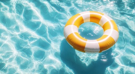 A yellow and white inflatable ring is floating in a pool. The ring is in the middle of the pool and is surrounded by water