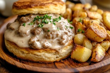 Biscuits and sausage gravy with fried potatoes served on a wooden plate