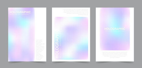 Y2k Holographic Gradient Background. Modern pearlescent vector. Set of soft blur cards. Iridescent aura posters. Pastel minimalist backdrop for social media, business card or website design.