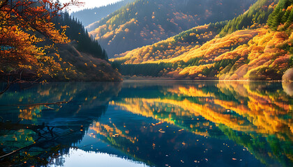 Sticker - Stunning autumn scenery of Wuhua Lake in Jiuzhaigou, natural beauty and human emotions blend together.