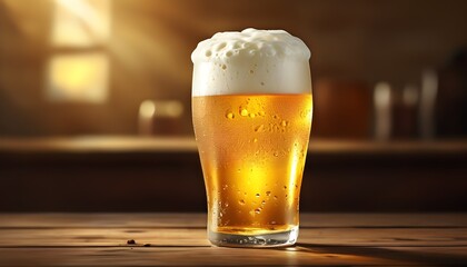 Wall Mural - Frosty beer in a glass highlighting golden hues and frothy foam, ideal for a refreshing and relaxing drink experience