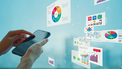 Leinwandbilder - Mixed media of woman using smartphone and business data concept.