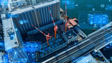 Poster - Mixed media of modern construction site aerial view and digital technology concept.