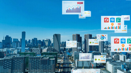 Mixed media of modern city aerial view and digital data concept.