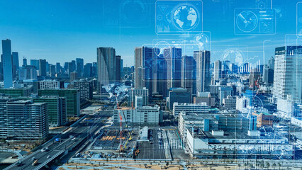 Poster - Mixed media of modern city aerial view and digital technology concept.