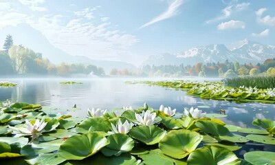 Canvas Print - Peaceful lake with lily pads and blooming flowers, Video