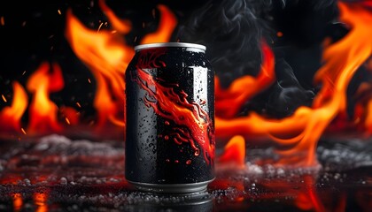 Wall Mural - dynamic energy drink can engulfed in red flames against a striking black backdrop