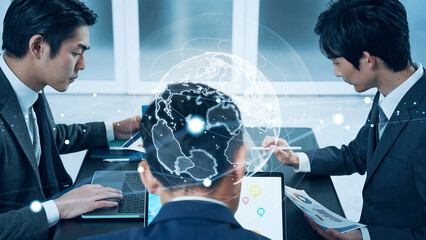 Poster - Mixed media of meeting business people and global communication network concept.