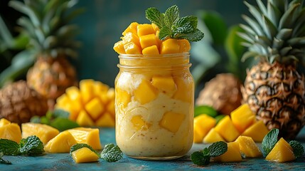 Wall Mural - Refreshing mango smoothie in a glass jar with fresh mint leaves and pineapple slices.