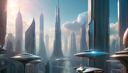 A captivating futuristic cityscape with towering skyscrapers and sleek flying vehicles against a bright sky. The modern architecture and advanced technology evoke a sense of innovation and progress