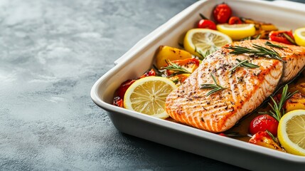 Salmon baked with veggies, lemon, and rosemary. Recipe. Fish. An angled view Allow room for text.
