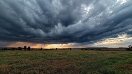 Wide landscape featuring a dramatic sky filled with dark clouds, hinting at an approaching storm over a grassy field at dusk.