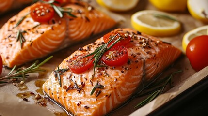 Salmon baked with veggies, lemon, and rosemary. Recipe. Fish. An angled view Allow room for text.
