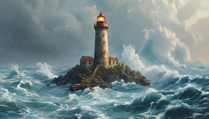 stormy seascape featuring an old lighthouse amidst crashing waves