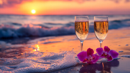 happy drink champagne on seascape background