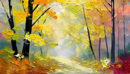 Wall Mural - Sunlit Autumn Forest Path with Vibrant Leaves and a Golden Morning Glow.