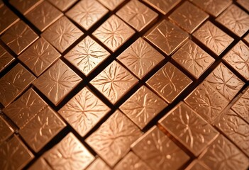 A macro shot of a squared pattern copper texture, revealing the metallic sheen and rich, warm tones of copper, with visible scratches and dimples that add character., close-up shot, short distance, pa