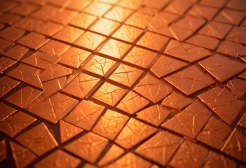 A macro shot of a squared pattern copper texture, revealing the metallic sheen and rich, warm tones of copper, with visible scratches and dimples that add character., close-up shot, short distance, pa