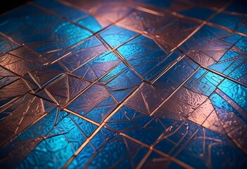 A macro shot of a squared pattern copper texture, revealing the metallic sheen and rich, warm tones of copper, with visible scratches and dimples that add character., close-up shot, short distance, pa