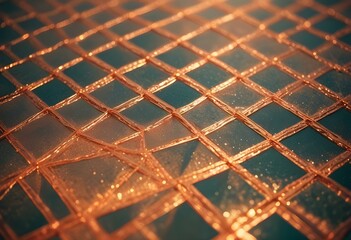 A macro shot of a squared pattern copper texture, revealing the metallic sheen and rich, warm tones of copper, with visible scratches and dimples that add character., close-up shot, short distance, pa