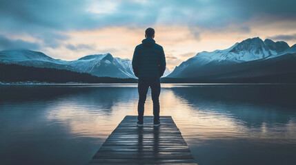 Rearview of man standing at the edge of the lake gazing at the snowy mountains in the distance, enjoying the beauty of nature and freedom during a winter vacation watching scenic landscape, relaxation