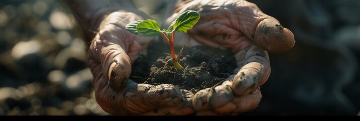 Young plant sprouting from soil in hands cradle, growth and care plant, dirt-covered hands seedling