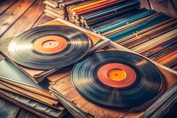 Vintage vinyl records stacked with colorful, faded album covers in muted retro tones.