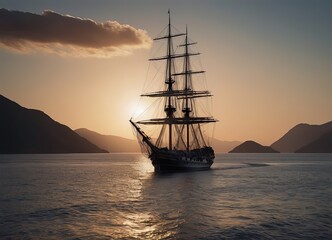 A beautiful sailboat is gently floating on the calm water during sunset