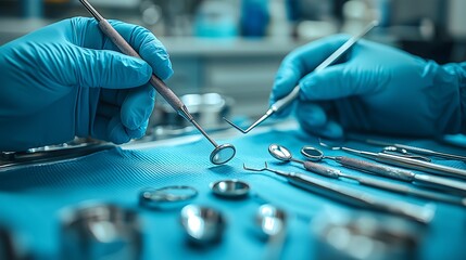 Wall Mural - Close-Up View of Dental Tools Arranged for Precision and Care in a Modern Dental Clinic 近代的な歯科医院で精密さと注意をもって配置された歯科用器具のクローズアップ.Generative AI