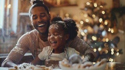 Joyful moments baking together at Christmas with dad and daughter. Smiles and laughter create warm holiday memories.