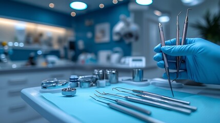 Wall Mural - Meticulously Cleaned and Organized Dental Tools Ready for a Surgical Procedure in a Clinical Office 臨床オフィスでの手術準備が整った綺麗に清掃され整理された歯科用器具.Generative AI