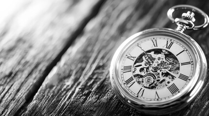 Timeless Elegance on Rustic Wood:  A vintage pocket watch, its intricate mechanics exposed, rests on a weathered wooden surface, evoking a sense of history and the passage of time. 