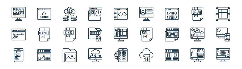 27 set of outline coding icons such as ads, error, big data, script, file protection, responsive de, app development, workflow vector thin line icons for web design, mobile app.