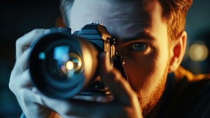 Wall Mural - Photographer Holding a Camera Close-up