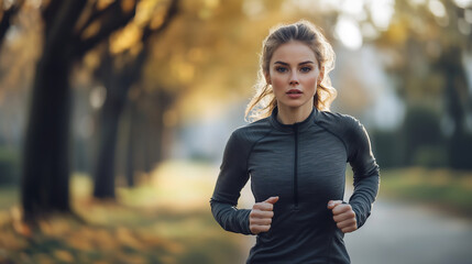 A young woman in sportswear is jogging outdoors. She is training on a park road with trees in the background during an autumn day.