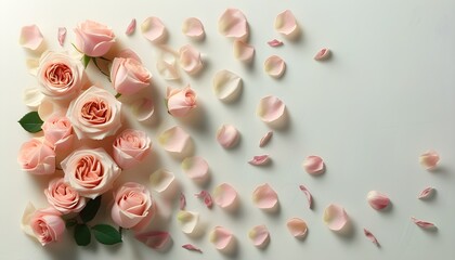 Serene floral composition of soft pastel roses and scattered petals on a light background