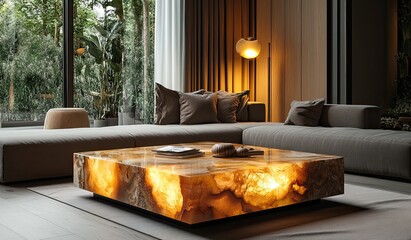 An agate stone coffee table with warm lighting inside, square shape in the center of the open living room surrounded by modern sofas, floor lamps and greenery, as well as curtains.