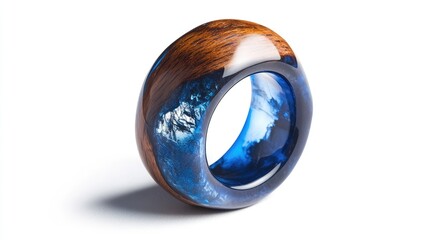 Wall Mural - A deepsapphire blue wood resin ring, capturing the fusion of epoxy resin and wood, isolated on a white background