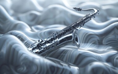 Floating 3D saxophone emitting sound waves, 3D background music, smooth and modern