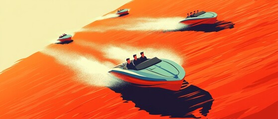 Colorful illustration of motorboats racing across a vibrant orange wave, showcasing speed and adventure on the water.