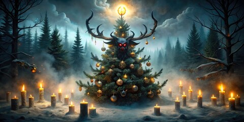 A dark and foreboding Christmas tree stands amidst a haunting winter landscape, its branches twisted into grotesque horns, surrounded by eerie mist and flickering candles.