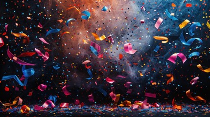 Colorful confetti and ribbons falling against a dark background with smoke.