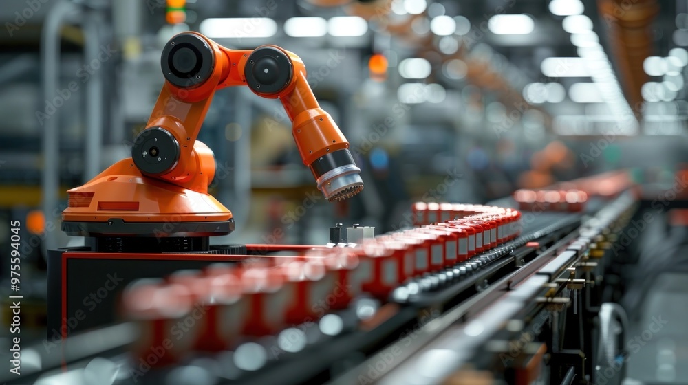 Orange robotic arm working on an automated production line in a modern ...