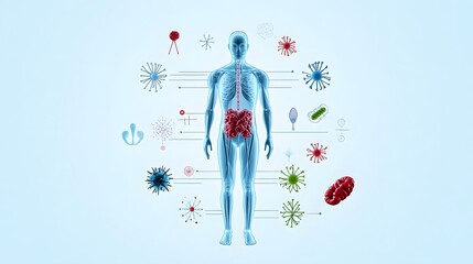 Illustration of human body with various microbes and cells, showcasing the intricacies of human anatomy and health.